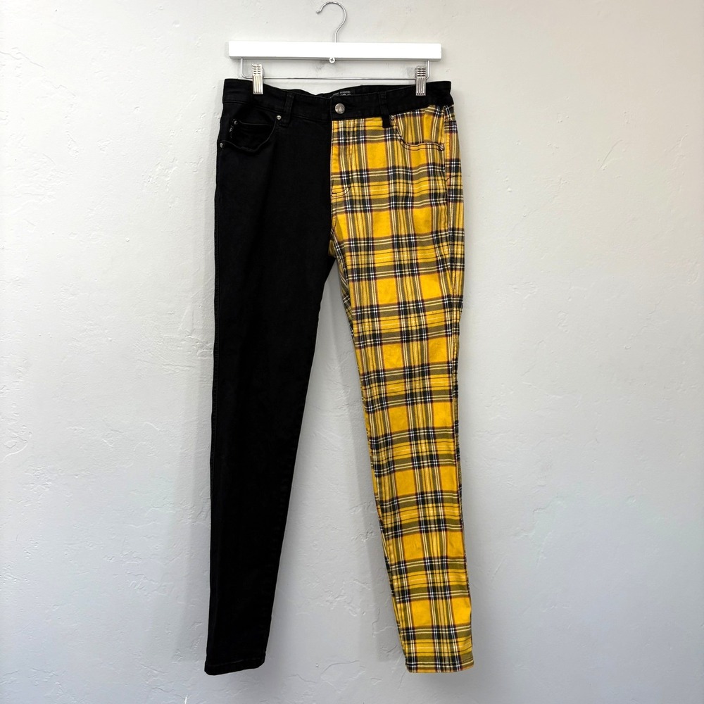 Tripp NYC Daang Goodman Pants Women Size 30/11 Black Yellow Plaid Skinny Flaw